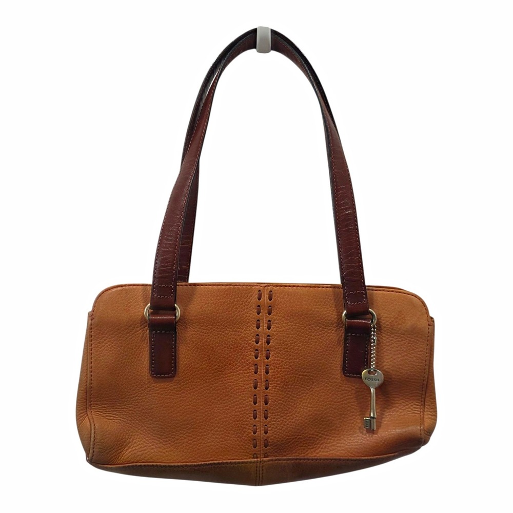 Fossil Vintage 1954 Tan Brown Leather Satchel Shoulder Bag Key Charm Y2K Boho